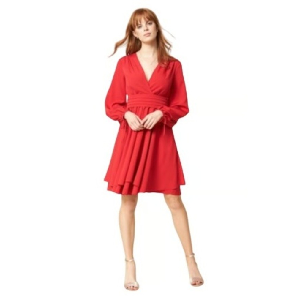 Eliza J Red V Neck Long Sleeve‎ Wrap Dress Fit and Flare Mini Dress Size 10P